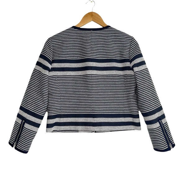 J Crew Navy and White Tweed Striped Full Zip Collarless Blazer Size 6 - Picture 2 of 7